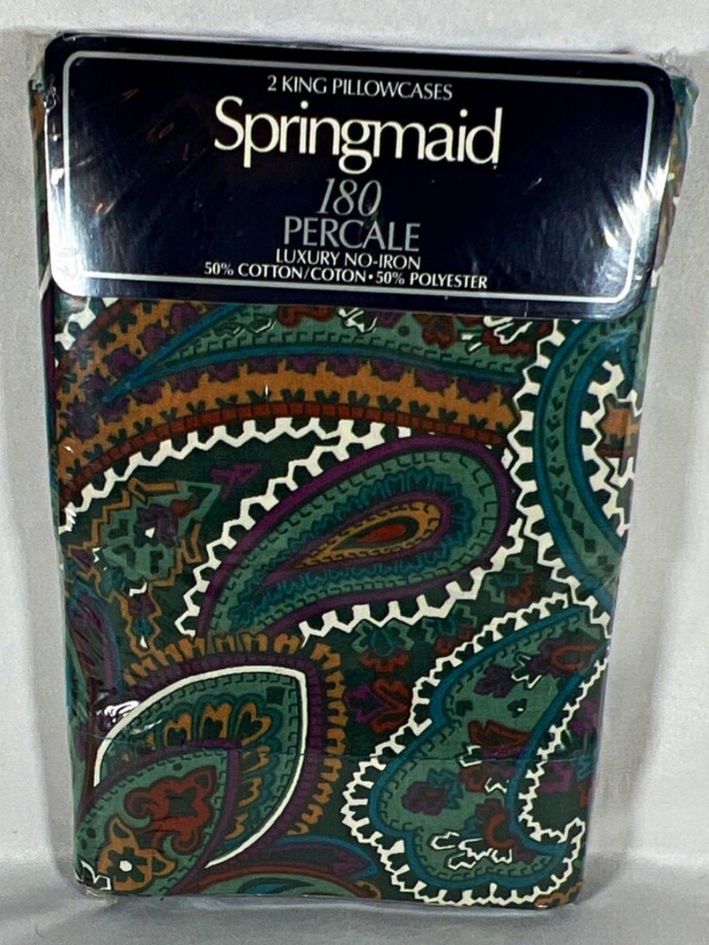 Vintage Springmaid 180 Percale No-Iron King Pillowcase Paisley Green Brown USA